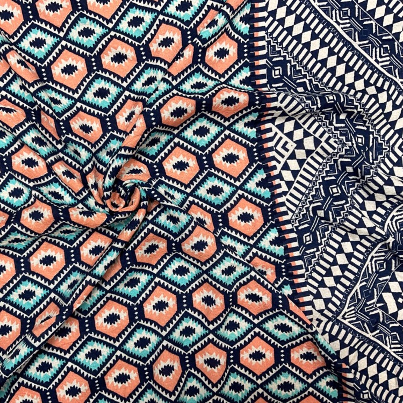 Coral-Teal-Multi Cotton Aztec Border Printed Dobby Woven Fabric By the Yard